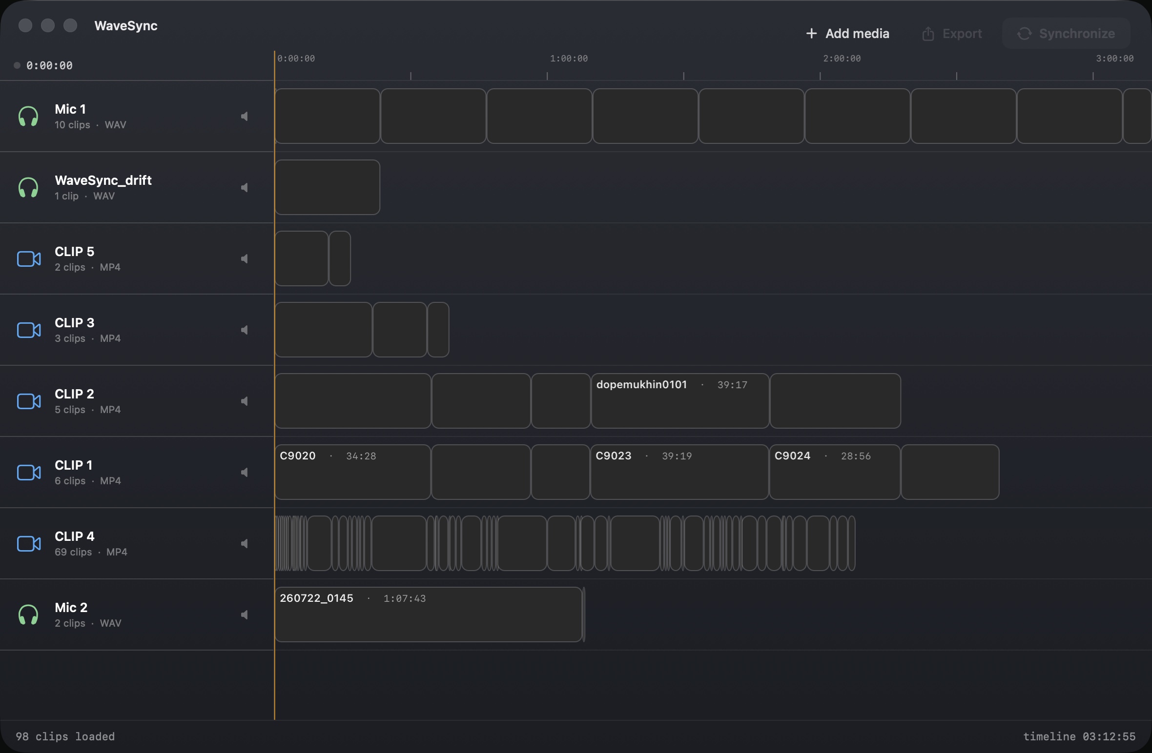 The same timeline before syncing — every clip starts at zero, stacked in a block