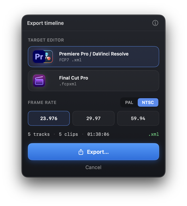 The WaveSync export dialog: target editor set to Premiere Pro or DaVinci Resolve as FCP7 XML, with Final Cut Pro as FCPXML below, and a frame-rate selector