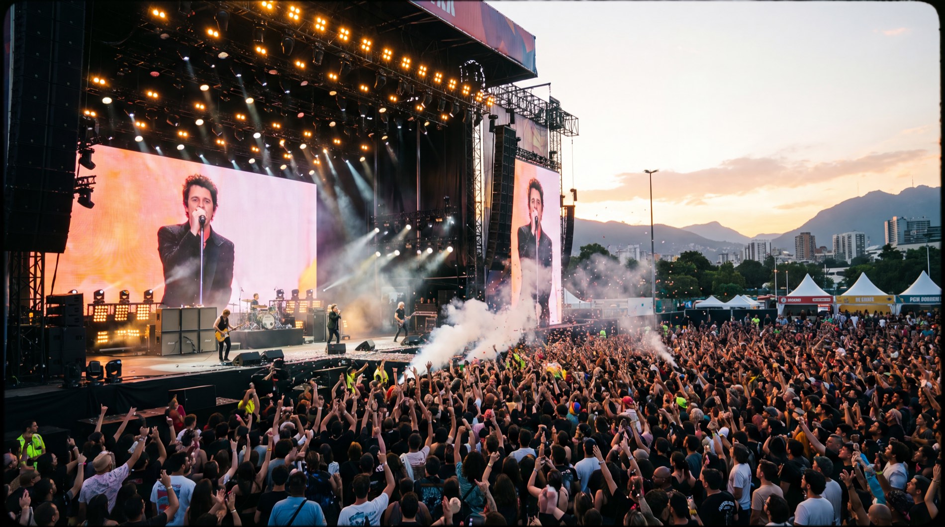 A live event stage lit from behind, filmed from the crowd while a recorder board captures the sound