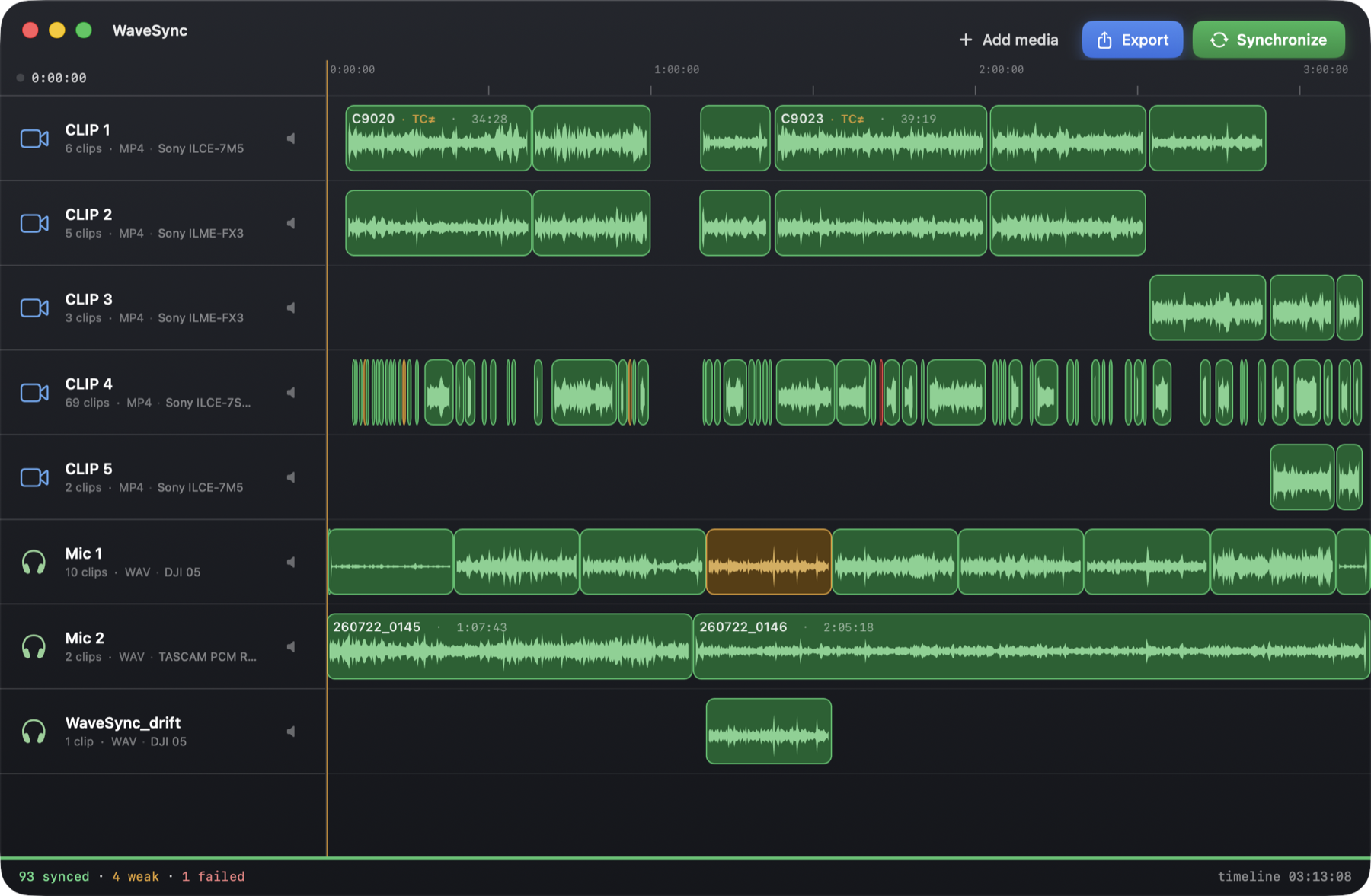The WaveSync window with a fully synced multicam timeline: nine tracks of camera and recorder clips lined up against each other, matched clips in green